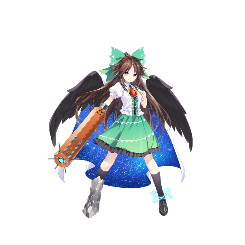 1girl arm_cannon asymmetrical_footwear atom bow brown_hair brown_wings cape center_frills closed_mouth collar collared_shirt commentary control_rod_(touhou) english_commentary feathered_wings frilled_collar frilled_skirt frills green_bow green_skirt hair_bow highres hirano_katsuyuki long_hair looking_at_viewer mismatched_footwear official_art puffy_short_sleeves puffy_sleeves red_eyes reiuji_utsuho shirt short_sleeves skirt smile solo third_eye third_eye_on_chest touhou touhou_spell_carnival transparent_background weapon white_shirt wings