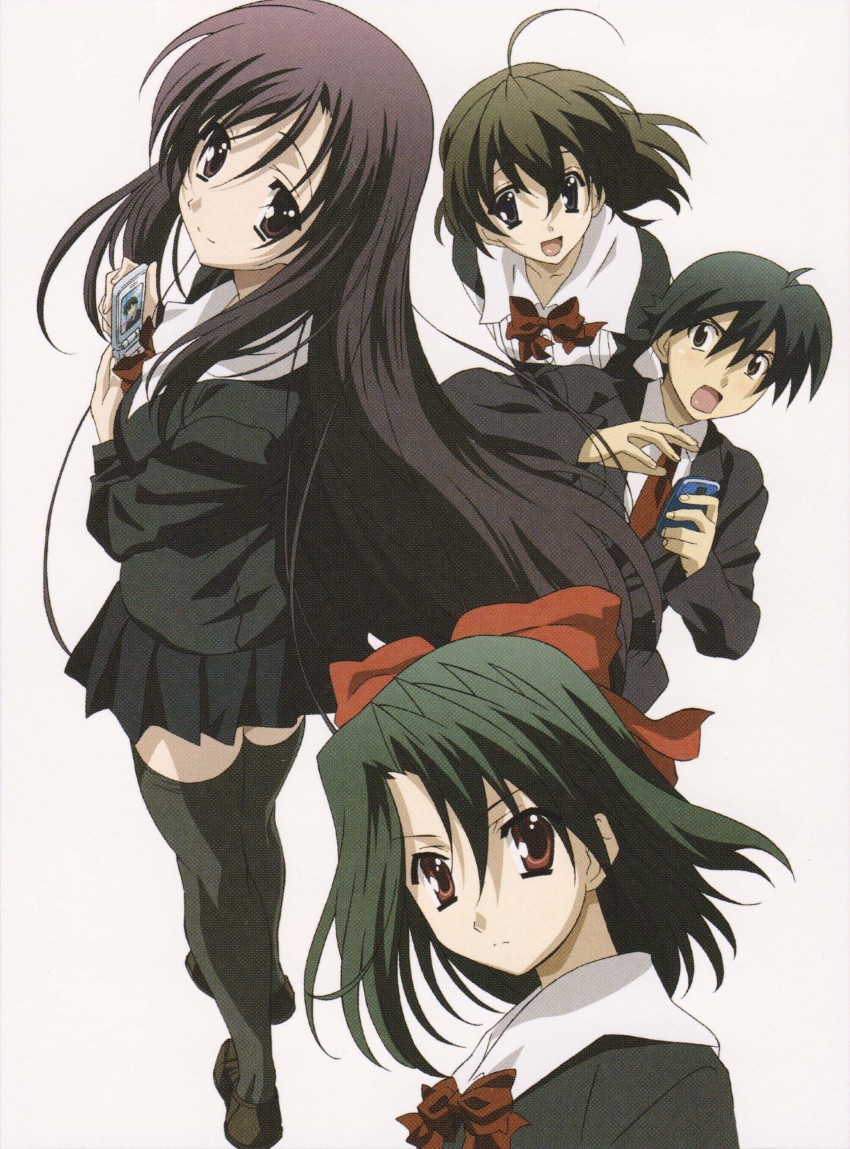 1boy 3girls absurdres artbook artist_request black_hair brown_eyes brown_hair cellphone color_halftone color_issue dark_green_hair flip_phone hair_ribbon highres itou_makoto_(school_days) katsura_kotonoha kiyoura_setsuna looking_at_viewer multiple_girls official_art phone red_eyes red_ribbon ribbon saionji_sekai scan scan_artifacts school_days school_uniform simple_background white_background