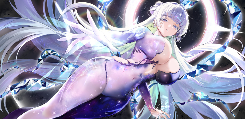 1girl absurdres blue_eyes bodysuit breasts colored_eyelashes commentary_request covered_navel goddess_of_victory:_nikke halo highres large_breasts long_hair mell_(dmwe3537) multicolored_bodysuit nayuta_(nikke) nayuta_(wu_wei)_(nikke) official_alternate_costume sky solo star_(sky) starry_sky thighs two-tone_bodysuit unusually_open_eyes very_long_hair white_eyelashes white_hair
