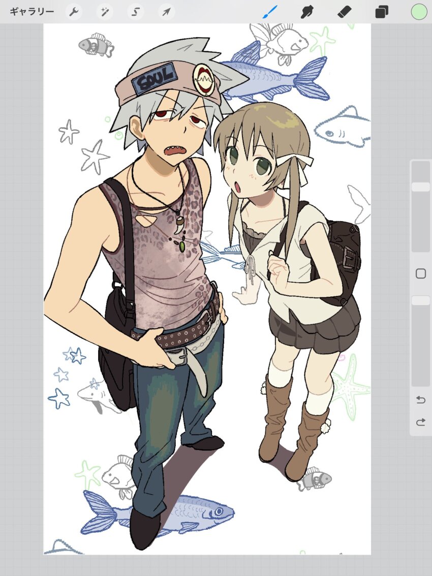 1boy 1girl blonde_hair boots brown_boots commentary denim fish full_body green_eyes hair_between_eyes headband highres jeans looking_at_viewer maka_albarn pants procreate_(software) red_eyes skirt soul_eater soul_evans symbol-only_commentary tank_top twintails user_interface ux_xu_o03 white_hair