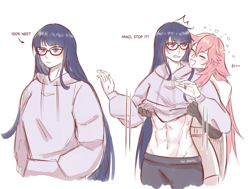 2girls abs ankie_(ankys_) clothing_cutout english_text glasses highres hood hoodie midriff mole mole_under_eye multiple_girls neet raiden_shogun raiden_shogun_(2nd_anniversary) simple_background stomach_cutout white_background yae_miko yae_miko_(2nd_anniversary) yuri