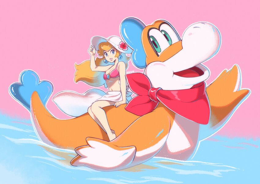 1girl 1other :d absurdres bikini blonde_hair blue_eyes earrings flower full_body green_eyes hat hibiscus highres holding holding_unworn_clothes holding_unworn_hat jewelry lips long_sleeves looking_at_another mario_(series) navel neckerchief nintendo open_mouth pink_background pink_bikini plessie princess_peach princess_peach_(swimwear) red_neckerchief saiwo_(saiwoproject) sarong simple_background smile sphere_earrings sun_hat sun_hat_ornament super_mario_3d_world super_mario_odyssey swimming swimsuit unworn_hat unworn_headwear water