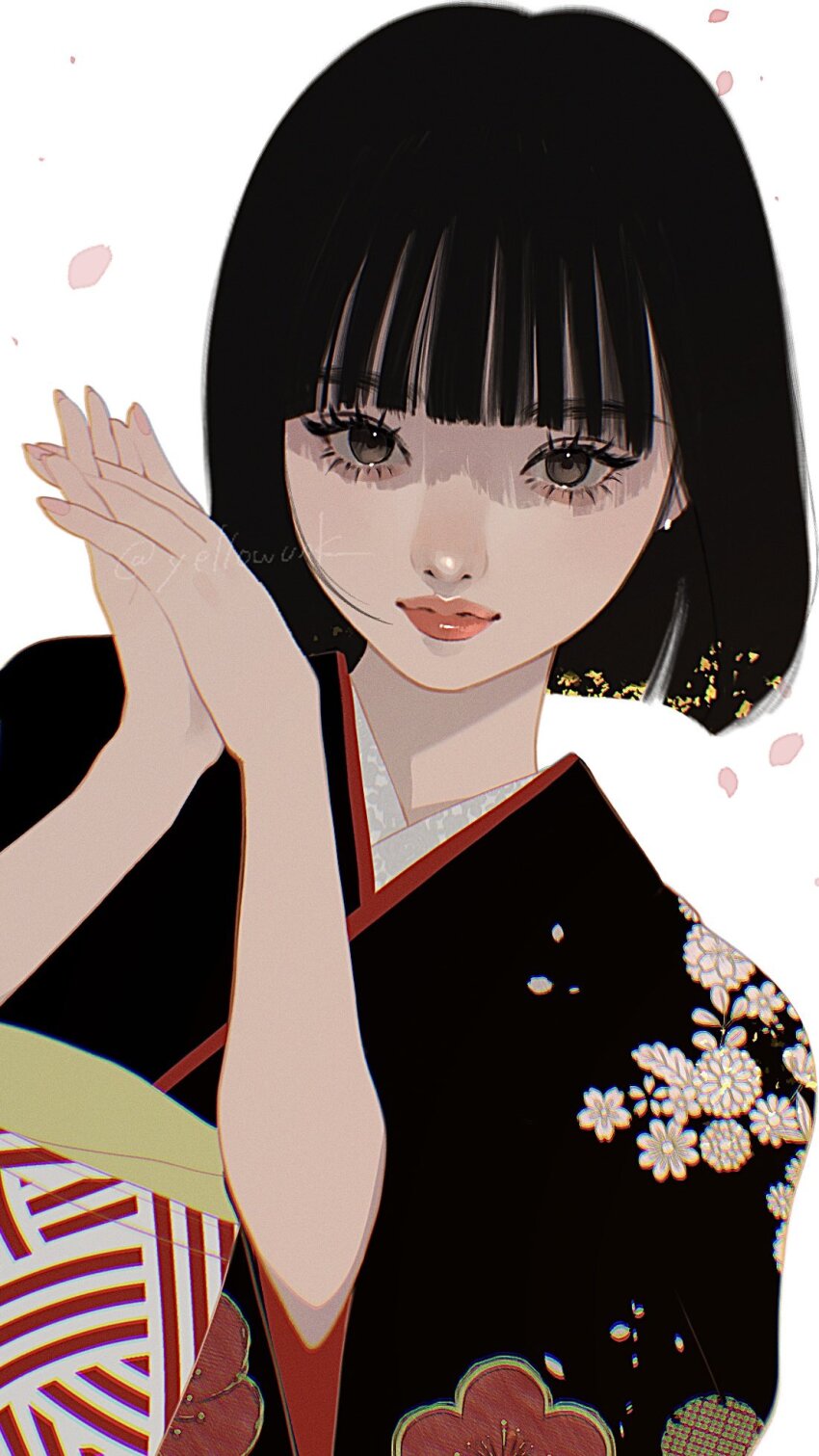 1girl black_hair black_kimono bob_cut commentary floral_print floral_print_kimono green_eyes highres japanese_clothes kimono looking_at_viewer obi original own_hands_together petals print_kimono sash short_hair simple_background solo striped_sash symbol-only_commentary upper_body white_background yellowunk
