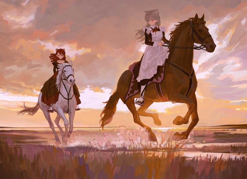 2girls animal_ears apron black_choker blue_eyes bridle brown_hair choker cloud dress extra_ears feifei_(fkey) feiqizi_(fkey) fkey highres horseback_riding maid maid_apron multiple_girls neck_ribbon original outdoors pink_eyes red_hair red_ribbon reins ribbon riding saddle_blanket stirrups_(riding) twilight water white_apron white_horse