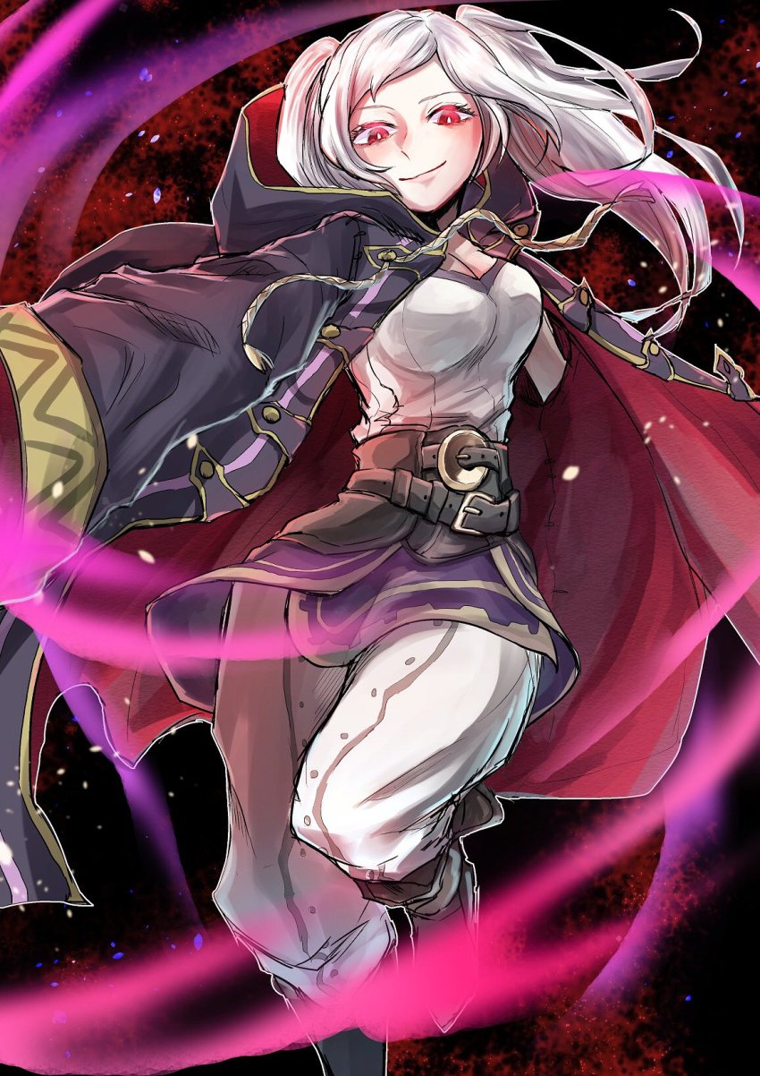 1girl aura belt breasts cleavage closed_mouth dark_aura female_focus female_robin_(fire_emblem) female_robin_(grima)_(fire_emblem) fire_emblem fire_emblem_awakening fire_emblem_heroes grima_(fire_emblem) highres hood hoshigaki_(hsa16g) medium_breasts nintendo open_clothes open_robe pants red_eyes robe solo twintails white_hair wizard