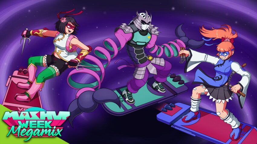 1boy 2girls amor arms_(game) bandaid black_hair blue_eyes breasts cosplay crack_frost crossover highres hoverboard kid_cobra kunio-kun_series kyoko_(kunio-kun) long_hair mask medium_breasts misako_(kunio-kun) multiple_girls orange_hair ponytail river_city_girls shredder_(cosplay) skirt sleeveless surfing tagme teenage_mutant_ninja_turtles wide_sleeves