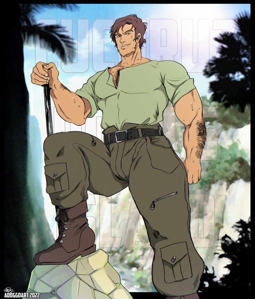 1boy absurdres adoggoart belt boots cucuruz_doan gundam highres looking_at_viewer male_focus military mobile_suit_gundam mobile_suit_gundam_the_origin mobile_suit_gundam_the_origin_cucuruz_doans_island outdoors sweat sweatdrop