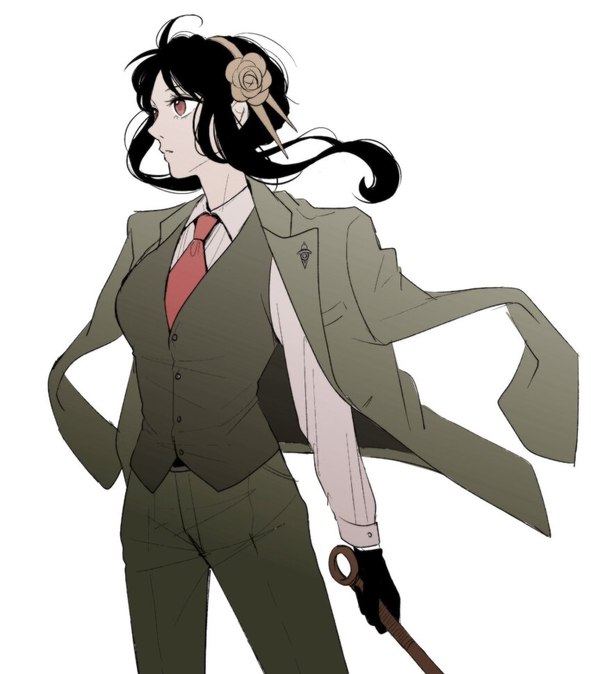 1girl black_hair breasts cosplay dagger earrings flower formal_clothes gloves gold_earrings gold_hairband green_suit hair_ornament hairband highres holding holding_dagger holding_knife holding_weapon jacket jewelry knife large_breasts long_hair necktie red_eyes red_necktie shirt sidelocks solo spy_x_family stiletto_(weapon) suit tori_(runrunpiia) twilight_(spy_x_family) twilight_(spy_x_family)_(cosplay) weapon yor_briar