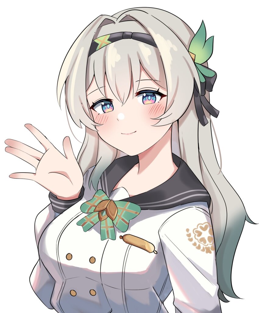 1girl black_hairband black_ribbon black_sailor_collar blush bow bowtie buttons checkered_bow checkered_bowtie checkered_clothes closed_mouth collared_shirt double-breasted erushira firefly_(honkai:_star_rail) firefly_(spring_missive)_(honkai:_star_rail) gradient_eyes gradient_hair green_bow green_bowtie green_pupils grey_hair hair_between_eyes hair_intakes hair_ornament hair_ribbon hairband highres honkai:_star_rail honkai_(series) multicolored_eyes multicolored_hair ribbon sailor_collar shirt simple_background smile solo two-tone_eyes waving_arm white_background white_shirt