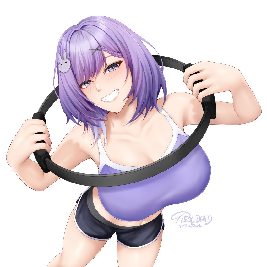 1girl absurdres armpits bare_shoulders breasts dolphin_shorts elaine_celestia exercising hair_ornament highres large_breasts looking_at_viewer midriff purple_hair re:memories ring-con ring_fit_adventure shorts sleeveless sports_bra tisole_dead virtual_youtuber
