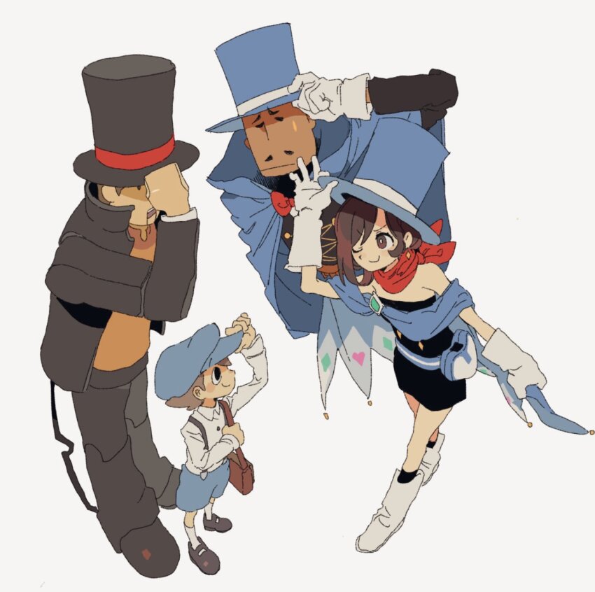 1boy 1girl 6o_(pixiv_56516134) ace_attorney adjusting_clothes adjusting_headwear apollo_justice:_ace_attorney arm_up bag black_dress black_eyes blue_cape blue_hat blue_shorts bright_pupils brown_bag brown_hair cape collared_shirt commentary dress earrings full_body gloves grey_footwear grey_hat grey_jacket grey_pants hat hershel_layton highres jacket jewelry luke_triton medium_hair mr_hat_(ace_attorney) one_eye_closed open_clothes open_jacket orange_shirt pants professor_layton puppet red_scarf scarf shirt shorts shoulder_bag simple_background strapless strapless_dress symbol-only_commentary top_hat trucy_wright white_background white_footwear white_gloves white_shirt