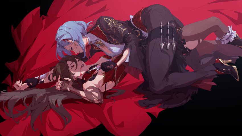 2girls absurdres aged_up black_gloves black_nails black_pants black_pantyhose blue_hair commentary crmnlmlfhntr english_commentary frills gloves grey_hair griseo griseo_(cosmic_expression) high_heels highres holding holding_another&#039;s_wrist holding_knife honkai_(series) honkai_impact_3rd knife long_hair multiple_girls pants pantyhose pinned red_eyes shirt straddling vita_(honkai_impact) white_shirt