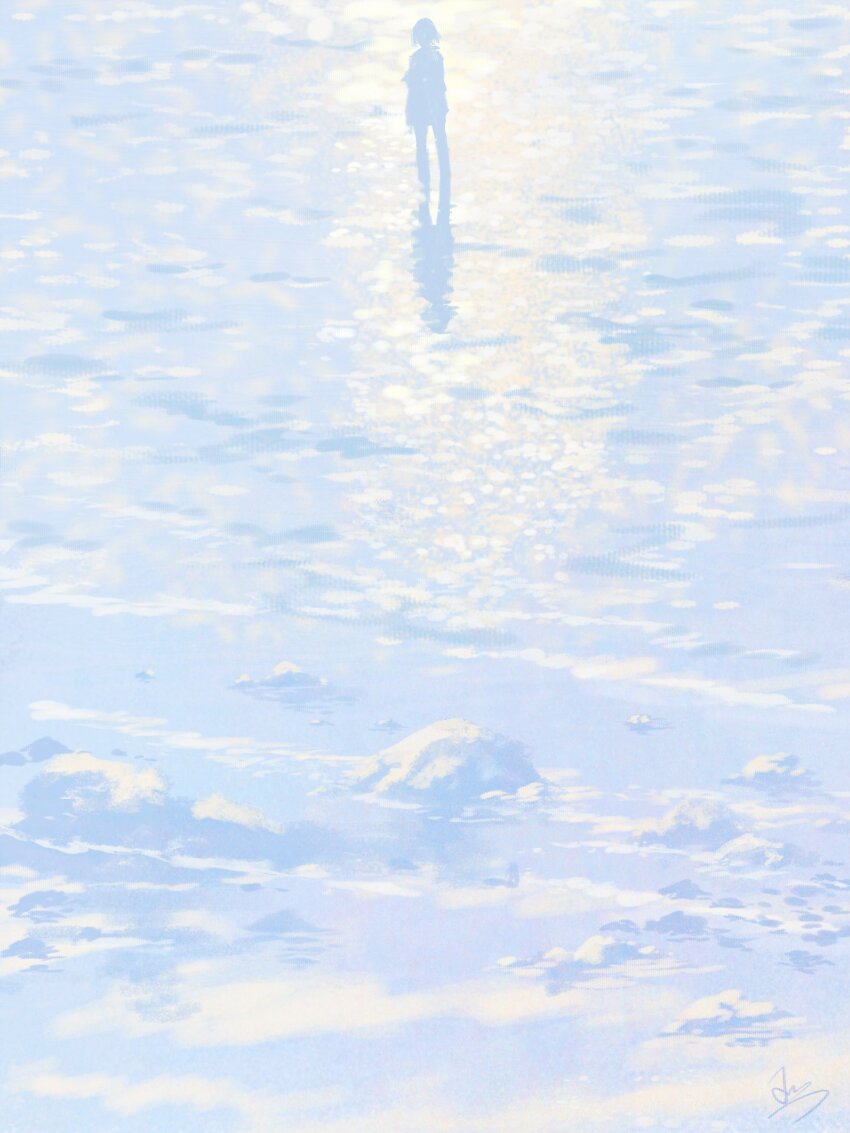 1other ambiguous_gender arms_at_sides day facing_away from_behind highres huashijw jacket long_sleeves medium_hair original outdoors pants reflection reflective_water rock scenery signature very_wide_shot water