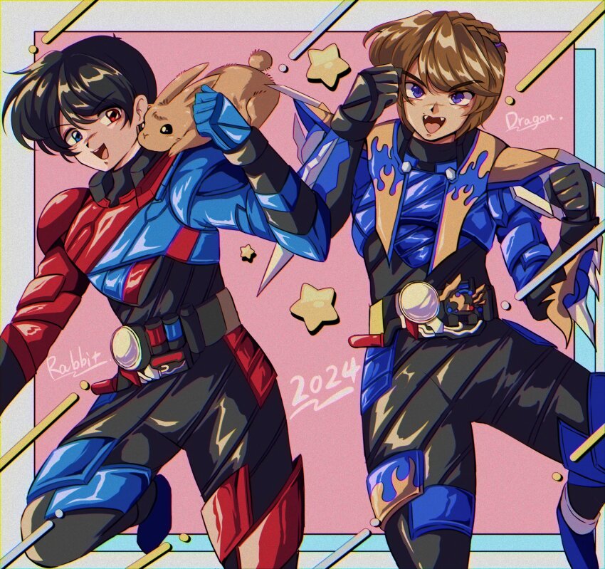 2024 2boys animal banjo_ryuga belt black_hair brown_hair highres kamen_rider kamen_rider_build kamen_rider_build_(series) kamen_rider_cross-z maitake_umaumai multiple_boys one_leg_raised pink_background rabbit sento_kiryu smile