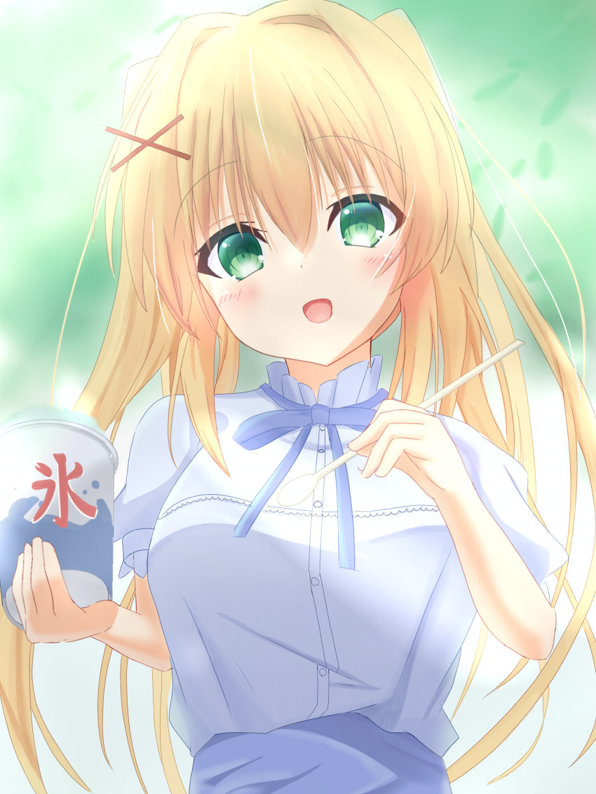 1girl :d absurdres blonde_hair blue_bow blue_bowtie blush bow bowtie commentary dual_wielding food green_eyes hair_between_eyes hair_intakes hair_ornament hands_up happy highres holding holding_spoon long_hair looking_at_viewer official_alternate_costume open_mouth puffy_short_sleeves puffy_sleeves ringed_eyes shaved_ice shirt short_sleeves sidelocks smile solo spoon summer_pockets tsumugi_wenders twintails upper_body user_jvdy4345 white_shirt x_hair_ornament
