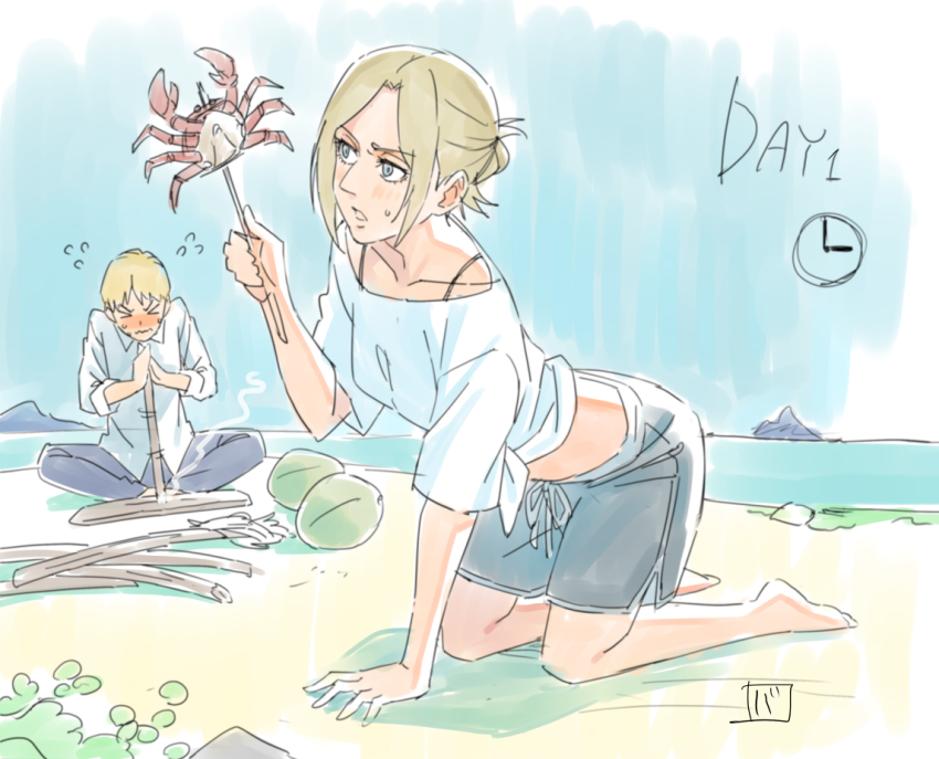 &gt;_&lt; 1boy 1girl all_fours annie_leonhart armin_arlert barefoot beach blonde_hair blue_eyes blue_pants blush collarbone collared_shirt crab day english_text flying_sweatdrops grasshopper193 grey_shorts hand_up holding holding_stick midriff ocean outdoors pants shingeki_no_kyojin shirt short_hair shorts sitting stick sweatdrop updo water wavy_mouth white_shirt