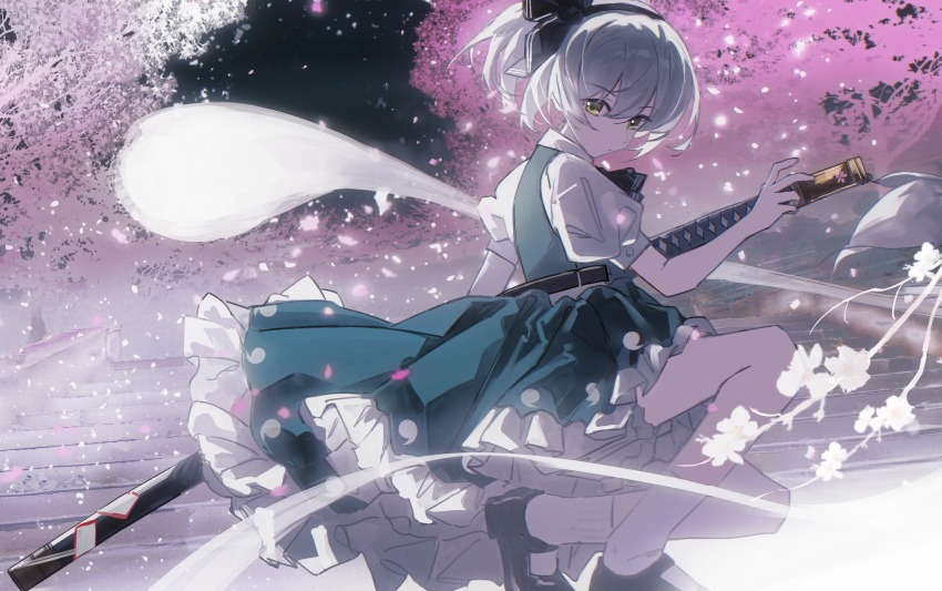1girl absurdres axleaki black_hairband black_shoes branch cherry_blossoms chinese_commentary closed_mouth commentary commentary_request english_commentary flower frilled_skirt frills full_body green_eyes green_skirt green_vest hair_between_eyes hairband hakugyokurou highres hitodama hitodama_print katana kneeling konpaku_youmu konpaku_youmu_(ghost) light_particles looking_at_viewer mixed-language_commentary puffy_short_sleeves puffy_sleeves shirt shoes short_hair short_sleeves skirt socks solo stairs sword touhou vest weapon white_flower white_hair white_shirt white_socks wind