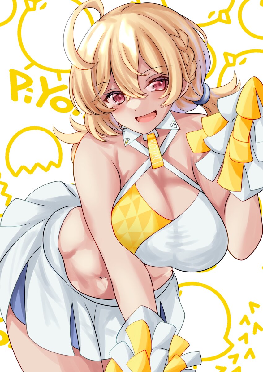 1girl absurdres ahoge blonde_hair blue_archive blush braid breasts cheerleader cleavage commentary_request cowboy_shot criss-cross_halter hair_between_eyes halterneck highres hisagi_(hisagi00) holding holding_pom_poms kotori_(blue_archive) kotori_(cheer_squad)_(blue_archive) large_breasts leaning_forward looking_at_viewer low_twintails medium_hair navel open_mouth pink_eyes pom_pom_(cheerleading) pom_poms skirt smile solo tank_top twintails white_background white_skirt white_tank_top