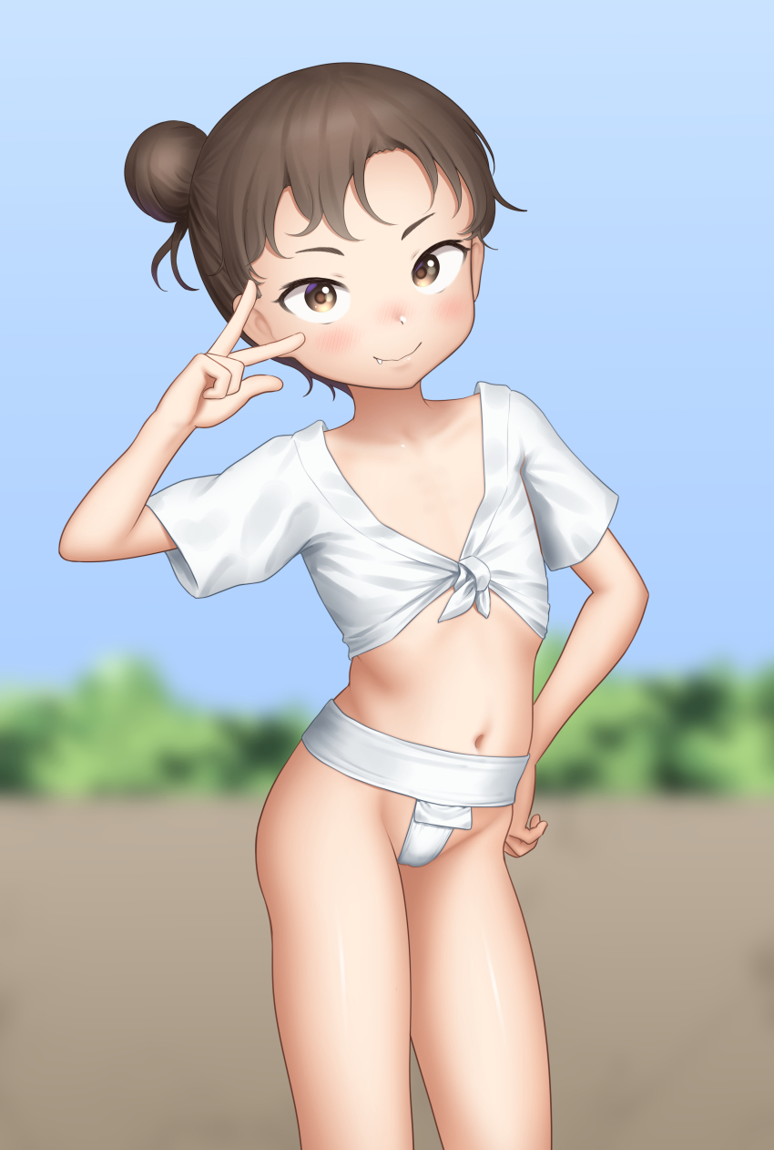 1girl absurdres bare_legs blurry blurry_background brown_eyes brown_hair closed_mouth fang feet_out_of_frame female_focus flat_chest fundoshi hair_bun hand_on_own_hip highres japanese_clothes loli looking_at_viewer navel original paid_reward_available sc_naru short_hair short_sleeves smile solo standing thighs v