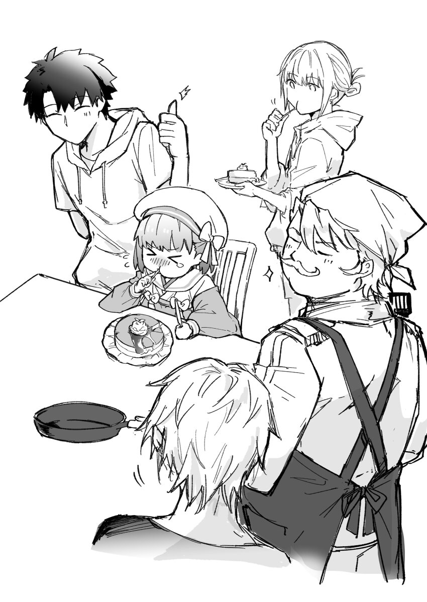 &gt;_&lt; 1girl 4boys absurdres apron blush bow closed_eyes commentary_request eating facial_hair fate/grand_order fate_(series) food fujimaru_ritsuka_(male) fujimaru_ritsuka_(male)_(summer_street) glint goredolf_musik haji1nomo hand_up hat hat_bow headscarf highres holding holding_knife holding_pan holding_plate holding_spatula hood hood_down hoodie kadoc_zemlupus kazuradrop_(fate) kazuradrop_(first_ascension)_(fate) knife long_sleeves monochrome multiple_boys mustache no_mouth oberon_(fate) oberon_(refreshing_summer_prince)_(fate) pancake pancake_stack plate sidelocks spatula tearing_up thumbs_up