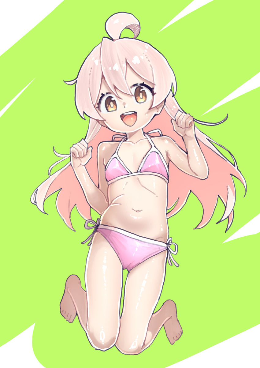 1girl absurdres ahoge armpit_crease bare_shoulders bikini breasts bright_pupils brown_eyes cameltoe dot_nose full_body green_background groin hair_between_eyes halterneck hands_up highres long_hair looking_at_viewer midair navel onii-chan_wa_oshimai! open_mouth oyama_mahiro pink_bikini pink_hair shintikku side-tie_bikini_bottom sidelocks simple_background small_breasts smile solo straight_hair swimsuit tareme teeth two-tone_background upper_teeth_only very_long_hair w_arms white_background white_pupils