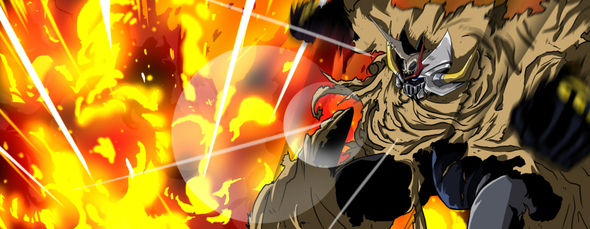 bad_id bad_pixiv_id explosion fire highres kanai_makoto_(kanaman7) lens_flare long_image mazinger_(series) mazinkaiser_skl mazinkaiser_skl_(mecha) mecha motion_blur no_humans robot shounandai solo torn_clothes wide_image