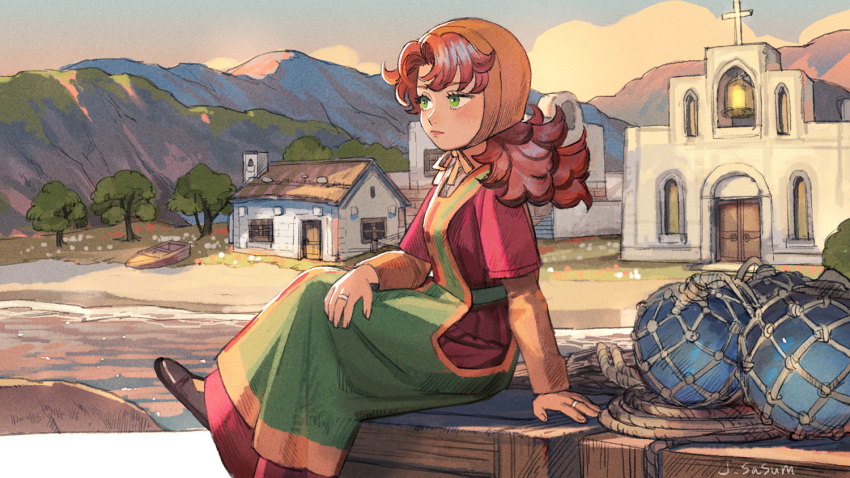 1girl closed_mouth curly_hair dragon_quest dragon_quest_vii dress foot_out_of_frame long_hair maribel_(dq7) sasumata_jirou solo tree