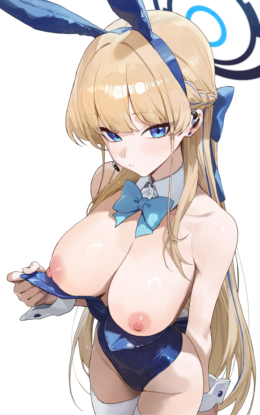 1girl absurdres animal_ear_hairband animal_ears blonde_hair blue_archive blue_bow blue_bowtie blue_eyes blue_halo blue_leotard blue_nails blush bow bowtie braid breasts breasts_out closed_mouth commentary_request detached_collar earpiece earrings fake_animal_ears fake_tail fingernails hair_bow hairband half_up_braid halo highleg highleg_leotard highres jewelry large_breasts leotard long_hair looking_at_viewer nail_polish nipples official_alternate_costume playboy_bunny rabbit_ears rabbit_tail simple_background solo strapless strapless_leotard stud_earrings tail thighhighs toi1et_paper toki_(blue_archive) toki_(bunny)_(blue_archive) undersized_breast_cup white_background white_thighhighs white_wrist_cuffs wrist_cuffs