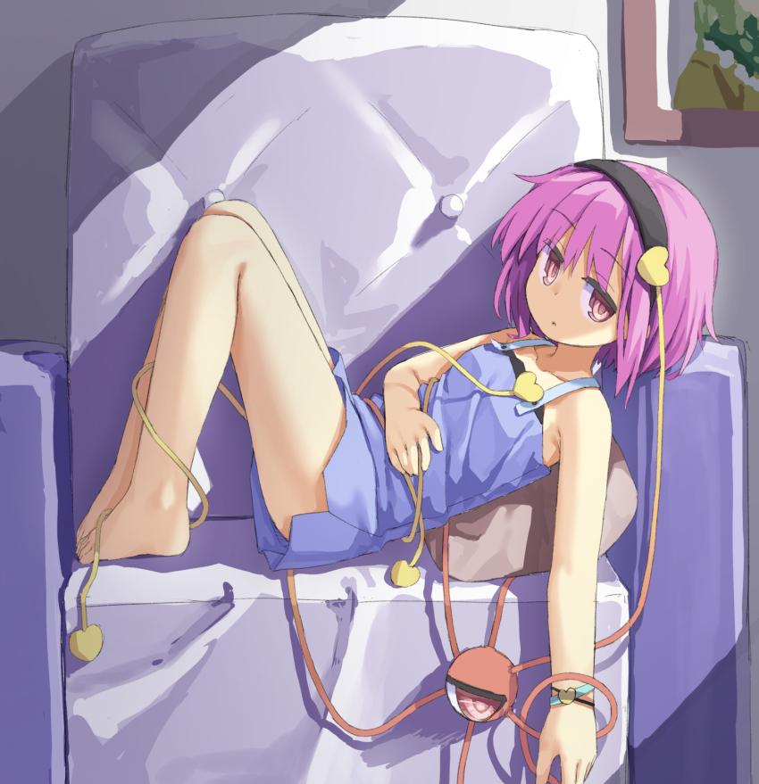 1girl :o armchair bad_id bad_twitter_id barefoot black_hairband blue_dress chair collarbone commentary cushion dress full_body hair_ornament hairband hassai heart heart_hair_ornament highres komeiji_koishi komeiji_satori looking_at_viewer lying on_back painting_(object) pink_eyes pink_hair short_hair solo third_eye touhou wristband
