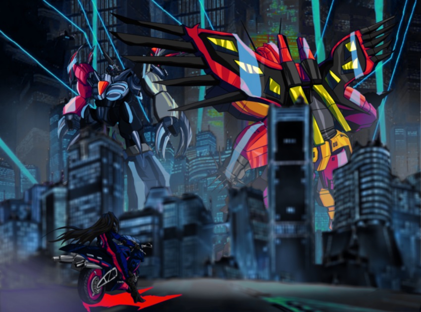 1980s_(style) 1girl 2boys absurdres black_hair bodysuit character_request city commentary crossover cutie_honey decepticon highres jacket long_hair machine_robo mechanical_wings motor_vehicle motorcycle multiple_boys multiple_crossover night oldschool outdoors predaking_(transformers) retro_artstyle standing town transformers wings zakman-wahid