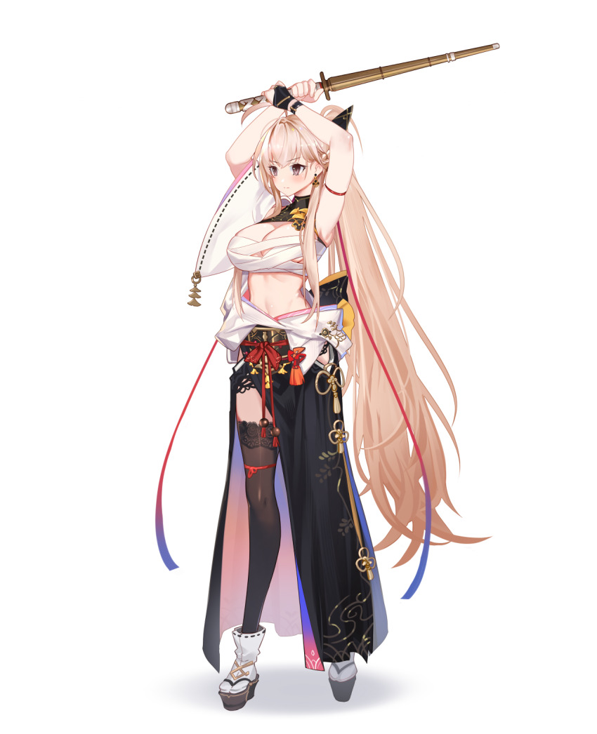 1girl arm_over_head arm_strap arm_up artist_request black_collar black_gloves black_thighhighs blonde_hair braid bridal_gauntlets brown_eyes chest_sarashi closed_mouth collar earrings final_gear floral_print_thighhighs flower_knot flower_symbol french_braid full_body gloves hair_behind_ear half_updo high_ponytail highres holding holding_sword holding_weapon jewelry lace lace-trimmed_thighhighs lace_trim leg_ribbon legs_apart light_blush light_particles long_hair long_sidelocks midriff official_art okobo parted_lips pelvic_curtain petticoat platform_sandals ponytail red_ribbon ribbon ribbon-trimmed_sleeves ribbon-trimmed_socks ribbon_trim rin_kamiuezono sandals sarashi see-through_clothes see-through_thighhighs shinai short_sleeves sidelocks simple_background single_sleeve slip_showing socks solo standing sword tachi-e tassel thighhighs third-party_source transparent_background v-shaped_eyebrows very_long_hair very_long_sidelocks weapon white_sleeves wide_sleeves
