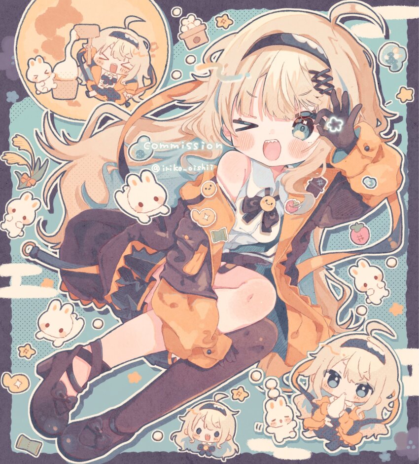 &gt;_&lt; &gt;_o 1girl :d ;d ahoge arm_up bare_shoulders black_border black_bow black_bowtie black_hairband black_skirt blonde_hair blue_background blue_eyes blush border bow bowtie brown_gloves brown_jacket brown_shoes brown_thighhighs character_request chibi chibi_inset collared_shirt commentary commission copyright_request drop_shadow eating food fruit full_body full_moon gloves hair_ornament hairband highres holding holding_food holding_mallet jacket kamizakana_iriko kine long_hair long_sleeves looking_at_viewer mallet mochi moon multicolored_jacket one_eye_closed open_clothes open_jacket open_mouth orange_jacket outline outside_border pleated_skirt rabbit shirt shoes single_thighhigh skeb_commission skirt sleeveless sleeveless_shirt smile star_(symbol) strawberry thighhighs twitter_username two-tone_jacket white_outline white_shirt x_hair_ornament xd