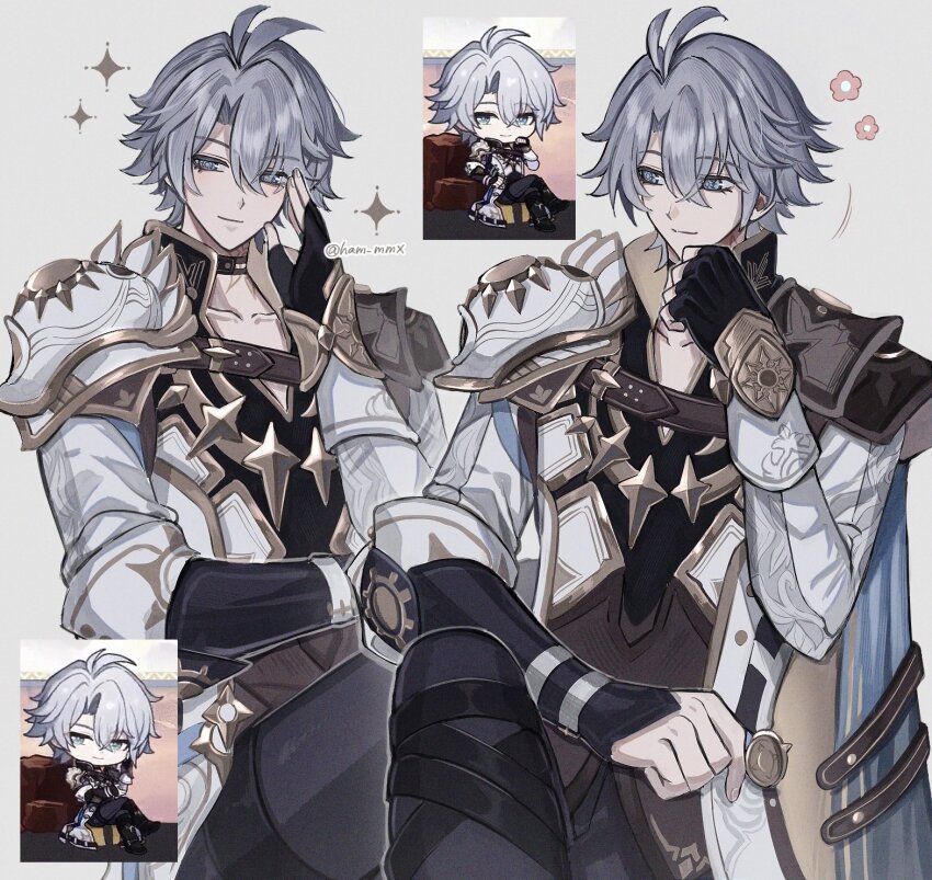 1boy antenna_hair armor black_choker black_gloves black_pants black_shirt blue_cape blue_eyes cape choker coat commentary_request crossed_legs fingerless_gloves gloves grey_background ham_mmx highres honkai:_star_rail honkai_(series) male_focus multiple_views pants pauldrons phainon_(honkai:_star_rail) photo_inset reference_inset shirt short_hair shoulder_armor simple_background single_glove single_pauldron thigh_strap twitter_username white_coat white_hair