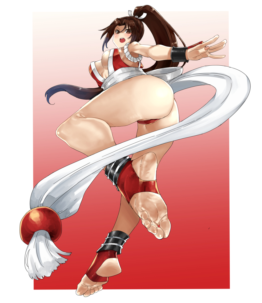 1girl ass bare_legs barefoot border breasts brown_eyes brown_hair cleavage eiji_(eiji) fatal_fury feet fire foot_focus foreshortening full_body high_ponytail highleg highleg_panties highres holding huge_breasts japanese_clothes long_hair looking_at_viewer multicolored_background ninja open_mouth panties pelvic_curtain ponytail red_footwear revealing_clothes rope sash shiranui_mai sleeveless soles solo the_king_of_fighters the_king_of_fighters_xv thighs thong thrown toeless_footwear toes underwear white_border