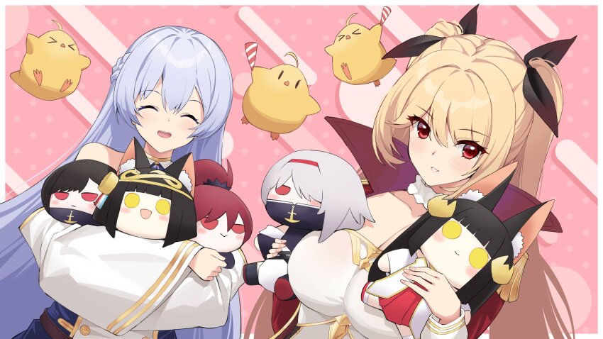 &gt;_&lt; 2girls absurdres anchor_ornament animal_ear_fluff animal_ears azur_lane bare_shoulders batsu black_hair black_ribbon blonde_hair braid breasts character_doll cleavage closed_eyes collarbone colorado_(azur_lane) commentary_request covered_mouth doll dress epaulettes eyes_visible_through_hair fox_ears hair_over_one_eye hair_ribbon hairband high_collar high_ponytail highres holding holding_doll large_breasts long_hair long_sleeves manjuu_(azur_lane) maryland_(azur_lane) multiple_girls mutsu_(azur_lane) nagato_(azur_lane) nelson_(azur_lane) open_mouth ponytail purple_hair red_dress red_eyes red_hair red_hairband ribbon rodney_(azur_lane) siblings sisters taut_clothes taut_dress very_long_hair west_virginia_(azur_lane) white_hair wide_sleeves yellow_eyes