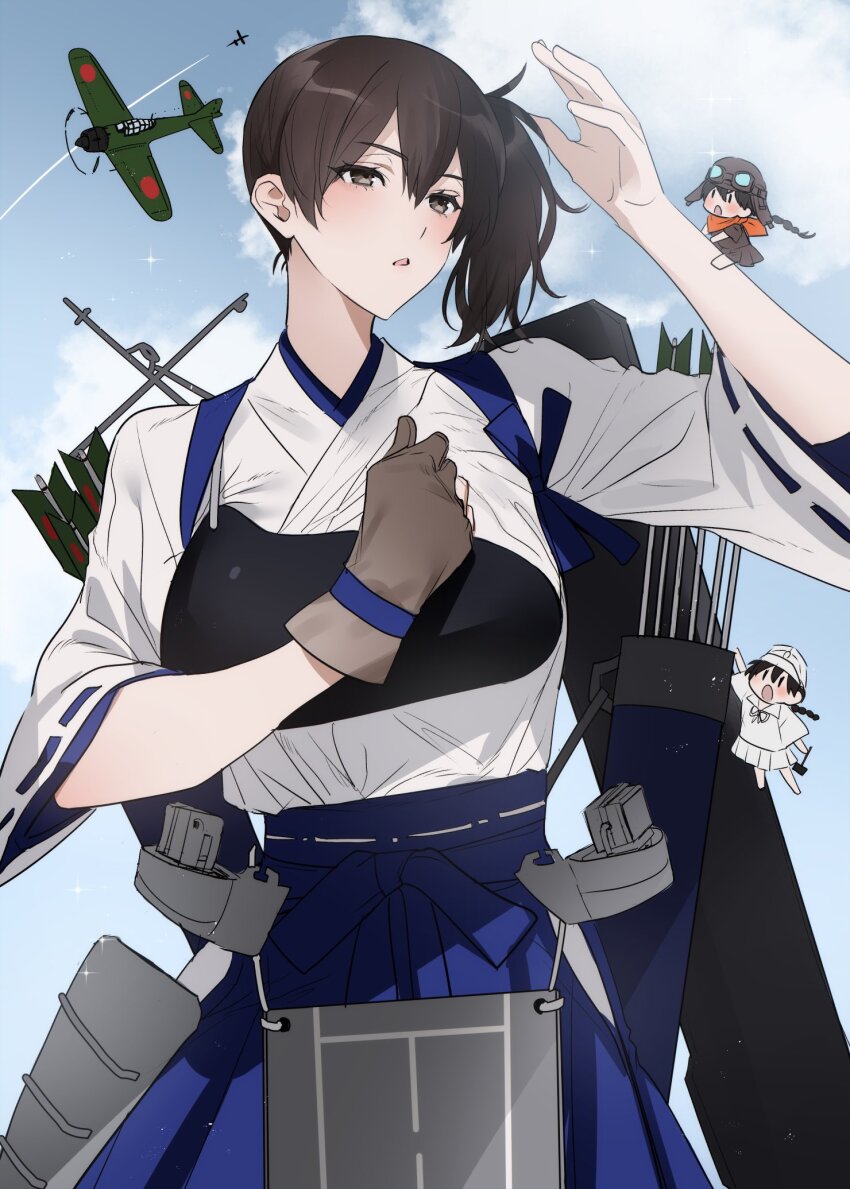 3girls aircraft airplane arrow_(projectile) blue_hakama blush breasts brown_gloves cloud contrail fairy_(kancolle) gloves hair_between_eyes hakama highres ichimonme_(ichi) japanese_clothes kaga_(kancolle) kantai_collection kimono multiple_girls muneate open_mouth parted_lips partially_fingerless_gloves partly_fingerless_gloves quiver ribbon-trimmed_sleeves ribbon_trim rigging side_ponytail single_glove sky solo_focus white_kimono wide_sleeves yugake