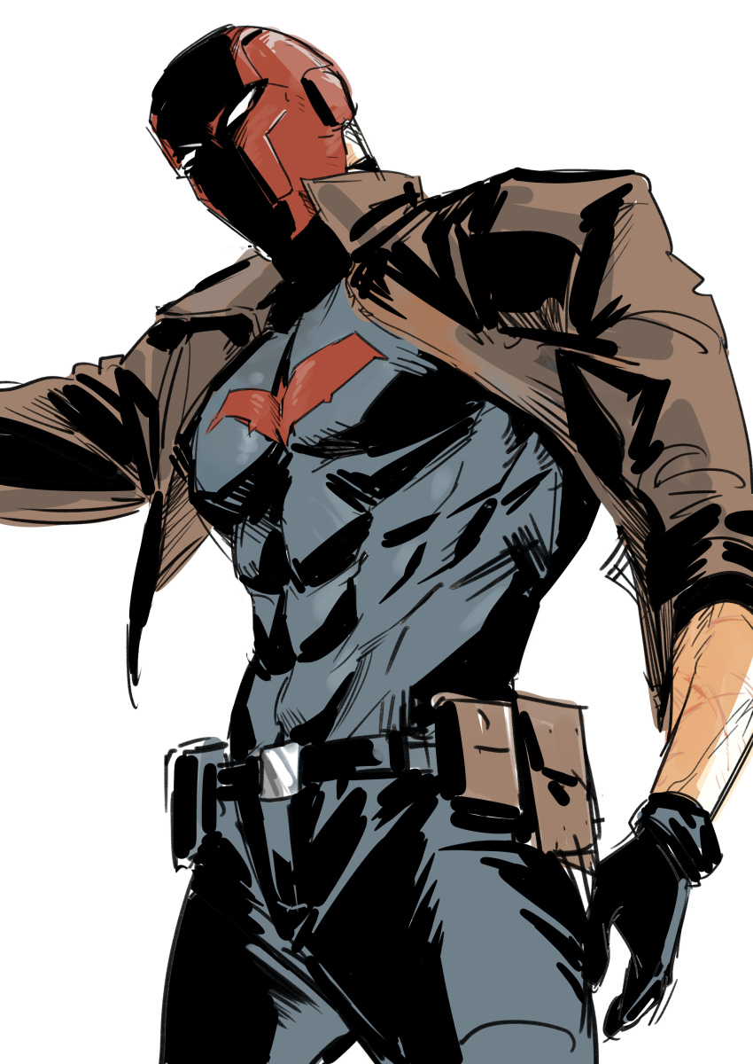 1boy absurdres bat_signal batman_(series) batman_symbol black_bodysuit black_gloves bodysuit brown_jacket celeboom dc_comics gloves grey_bodysuit highres jacket jason_todd male_focus mask multicolored_bodysuit muscular muscular_male open_clothes pants red_hood_(dc) red_hood_and_the_outlaws red_mask superhero_costume taut_bodysuit two-tone_bodysuit