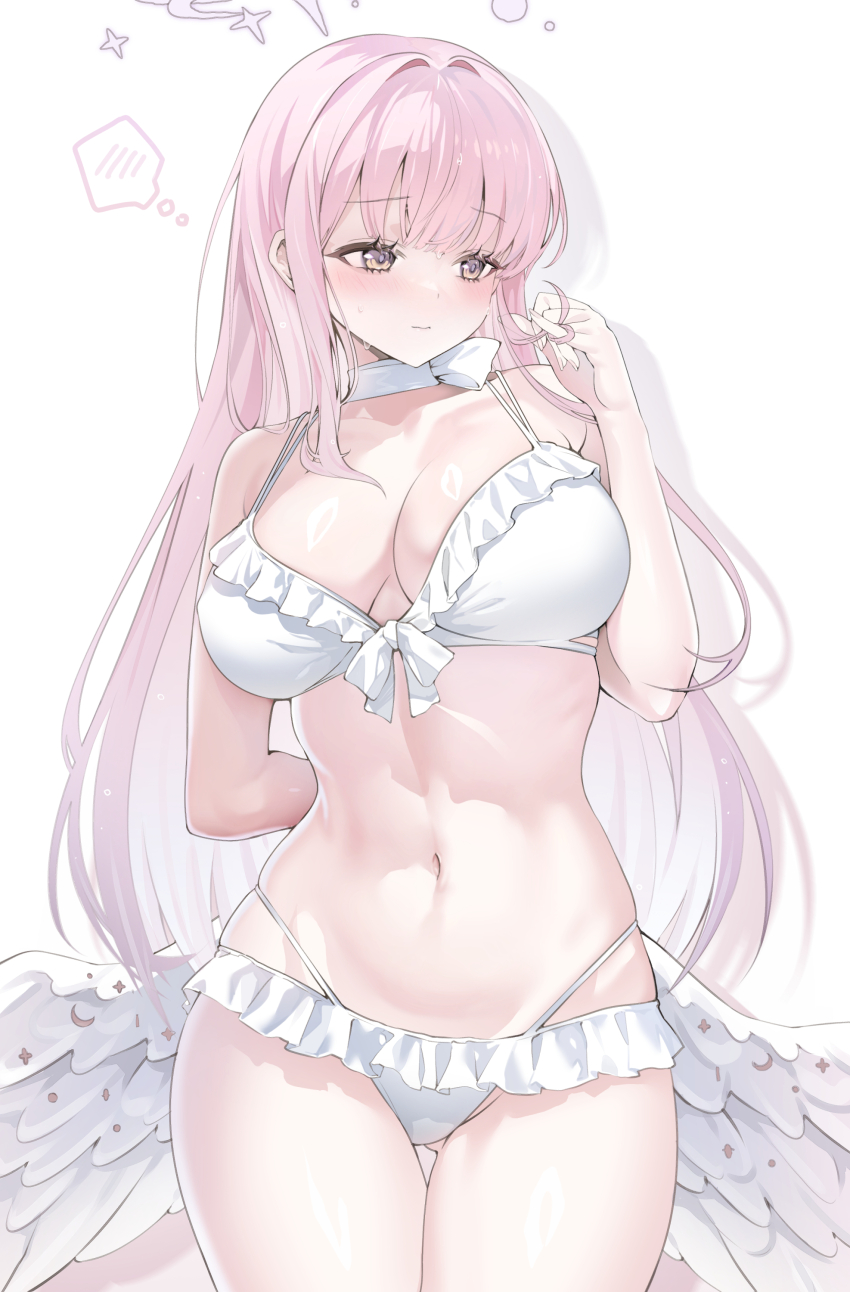 1girl absurdres arm_behind_back bikini blue_archive blush breasts cleavage closed_mouth commentary_request cowboy_shot feathered_wings front-tie_bikini_top front-tie_top halo hand_up highres large_breasts laseri long_hair low_wings mika_(blue_archive) mika_(swimsuit)_(blue_archive) navel pink_hair purple_halo simple_background solo spoken_blush stomach swimsuit twirling_hair white_background white_bikini white_wings wings yellow_eyes