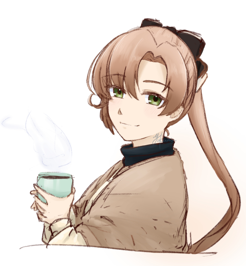 1girl akigumo_(kancolle) akigumo_kai_ni_(comiket)_(kancolle) akigumo_kai_ni_(kancolle) black_sweater brown_hair brown_shawl cup green_eyes highres holding kantai_collection layered_clothes long_hair mug one-hour_drawing_challenge ponytail shawl simple_background smile solo sweater takanashi_yukari upper_body white_background white_sweater