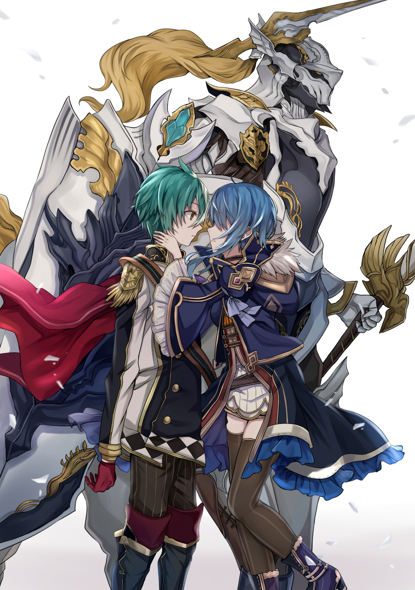 1girl 2boys absurdres aqua_hair black_boots black_jacket blue_hair blue_jacket blue_shoes boots brown_pants brown_thighhighs buttons cape centaur covered_eyes ex_(grimms_notes) ex_(repage)_(grimms_notes) fam_(grimms_notes) fam_(original)_(grimms_notes) frilled_sleeves frills gloves grimms_notes highres holding holding_shield holding_sword holding_weapon jacket machina_prince_(grimms_notes) medium_hair monster monster_boy multicolored_jacket multiple_boys pants parted_lips red_cape red_gloves retsuto shield shoes short_hair striped_clothes striped_pants sword taur teeth thighhighs two-tone_jacket vertical-striped_clothes vertical-striped_pants weapon white_background white_jacket wide_sleeves yellow_eyes