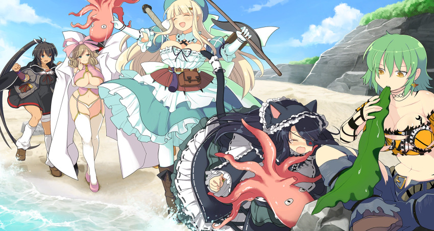 5girls animal animal_ears animal_hood apron bare_shoulders beach black_cape black_dress black_shirt blonde_hair blue_sky blunt_bangs blush boots breasts brown_boots brown_gloves brown_hair brown_shoes cape cat_ears cat_hood cat_tail cleavage cleavage_cutout clenched_hand closed_eyes clothing_cutout curly_hair dark-skinned_female dark_skin dress earrings eating eyepatch fang fingerless_gloves game_cg garter_straps gloves green_dress green_eyes green_hair green_hat grey_jacket hair_ornament hair_ribbon hair_tie hairclip haruka_(senran_kagura) hat highres hikage_(senran_kagura) holding holding_animal holding_stick homura_(senran_kagura) hood indian_style jacket jewelry large_breasts long_hair looking_at_viewer medium_hair mirai_(senran_kagura) multiple_girls navel non-web_source octopus official_art one_eye_closed open_mouth orange_shirt outdoors panties pink_ribbon pink_shirt pink_shoes ponytail puffy_sleeves ribbon seaweed senran_kagura senran_kagura_estival_versus shirt shoes short_hair sitting sky slit_pupils smile socks stick strapless swept_bangs tail tan tattoo tearing_up thighhighs tongue tongue_out tube_top underboob underwear water white_apron white_background white_panties white_socks white_thighhighs yaegashi_nan yellow_eyes yomi_(senran_kagura)