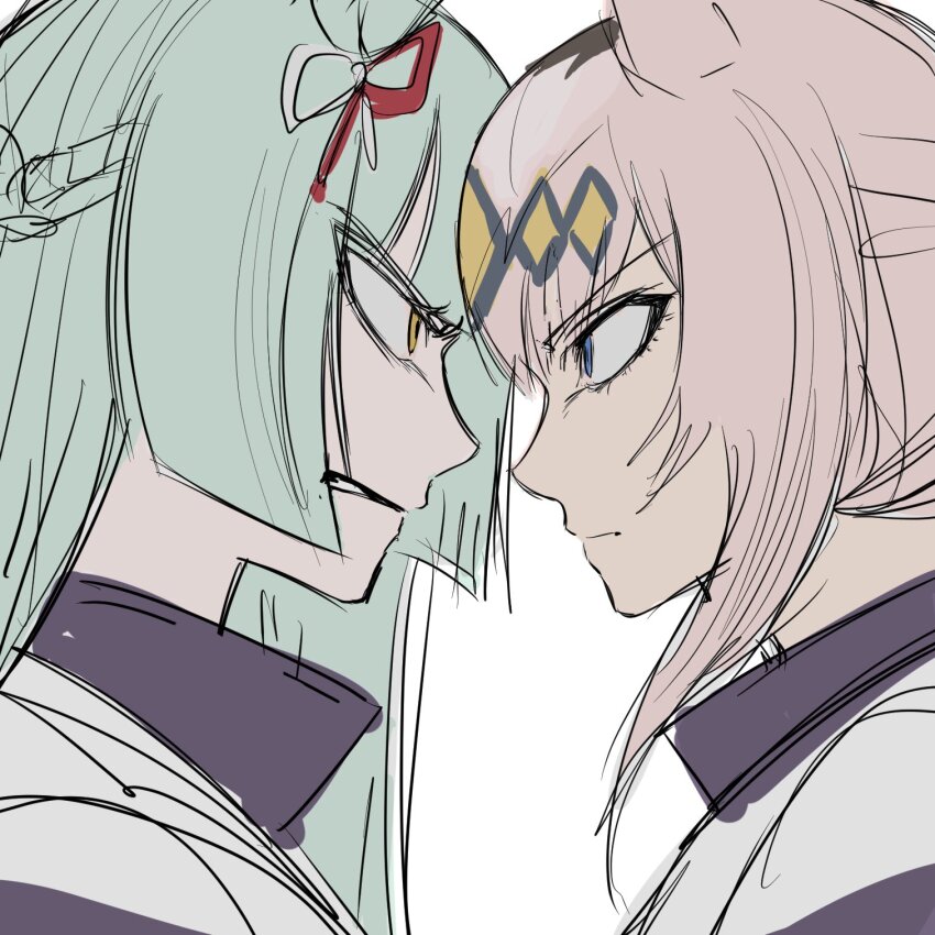 2girls an_(cybersexywife) animal_ears aqua_hair blue_eyes blunt_sidelocks bow braid clenched_teeth commentary_request ear_ribbon eye_contact face-to-face faceoff from_side fujimasa_march_(umamusume) grey_hair highres horse_ears horse_girl kasamatsu_tracen_training_uniform korean_commentary looking_at_another multiple_girls oguri_cap_(umamusume) portrait profile rivalry sidelocks simple_background teeth tsurime umamusume umamusume:_cinderella_gray white_background yellow_eyes
