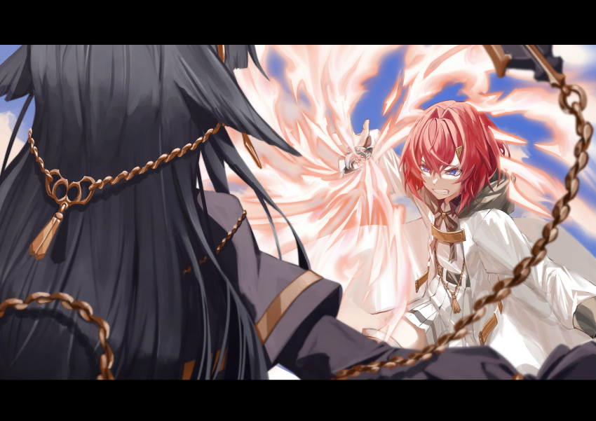 2girls absurdres ange_katrina angry belt black_hair blue_eyes blue_sky blurry casting_spell chain clenched_teeth coat commentary_request depth_of_field determined dress elegia_(page_of_lambda) floating_clothes from_behind gold_chain grey_belt hair_between_eyes hair_intakes hair_ornament head_chain highres hood hood_down ikvugzu5zu51627 imminent_attack jewelry letterboxed long_bangs long_hair long_sleeves looking_at_another magic multiple_girls nijisanji official_alternate_costume orb outstretched_arm page_of_lambda pleated_dress red_hair short_dress short_hair sky teeth triangle_hair_ornament virtual_youtuber white_coat white_dress