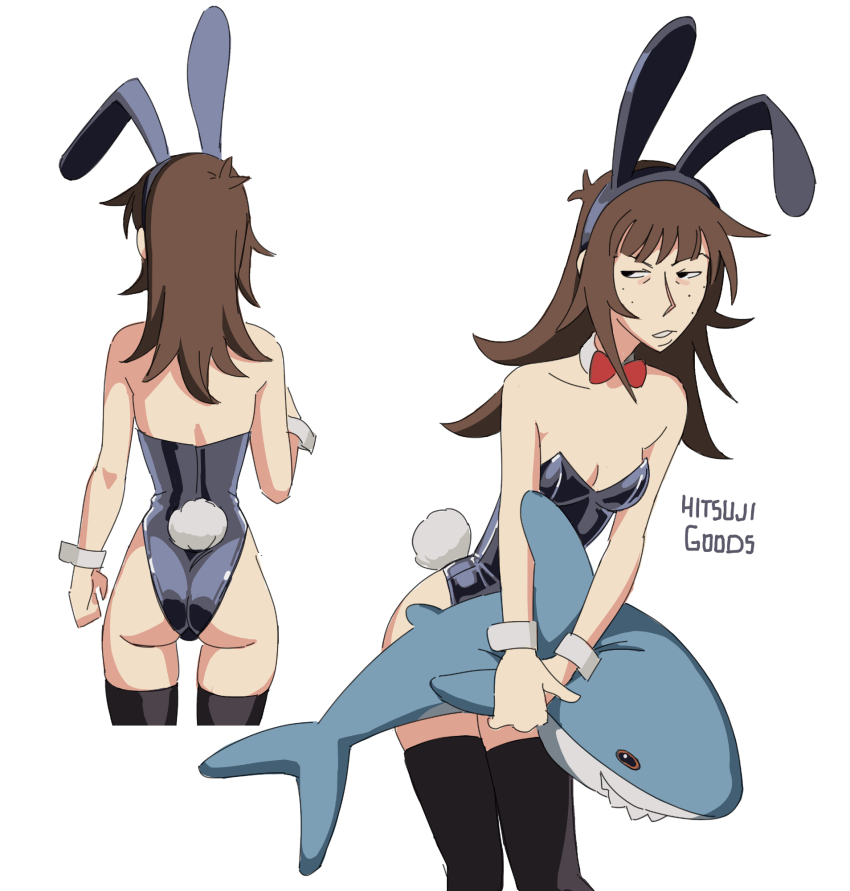 1girl animal_ear_headband animal_ears artist_name ass black_thighhighs blue_leotard bow bowtie breasts brown_hair collar cowboy_shot fake_animal_ears fake_tail freckles from_behind half-closed_eyes highres hitsuji_(hitsujigoods) holding holding_stuffed_toy ikea_shark kara_eklund leaning_forward leotard long_hair medium_breasts messy_hair multiple_views original parted_lips playboy_bunny rabbit_ears rabbit_tail red_bow red_bowtie simple_background strapless strapless_leotard stuffed_animal stuffed_shark stuffed_toy swept_bangs tail teeth thighhighs v-shaped_eyebrows white_background white_collar white_wrist_cuffs wrist_cuffs