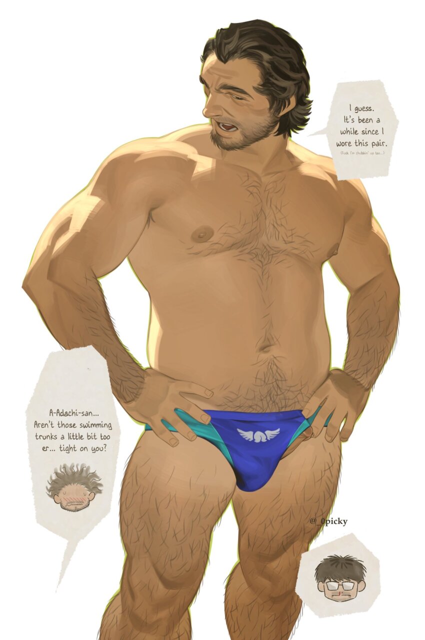 0picky abs adachi_koichi armpit_hair armpit_hair_peek aroused_nosebleed bara belly blush bulge character_request feet_out_of_frame hairy highres male_focus male_swimwear mature_male muscular muscular_male navel navel_hair nipples official_alternate_costume old old_man pectorals penis penis_peek precum purple_male_swimwear ryuu_ga_gotoku_(series) ryuu_ga_gotoku_7 short_hair solo_focus sparse_chest_hair spoken_character standing stomach swim_briefs tan thick_arm_hair thick_eyebrows thick_leg_hair thick_thighs thighs topless_male wrinkled_skin yaoi