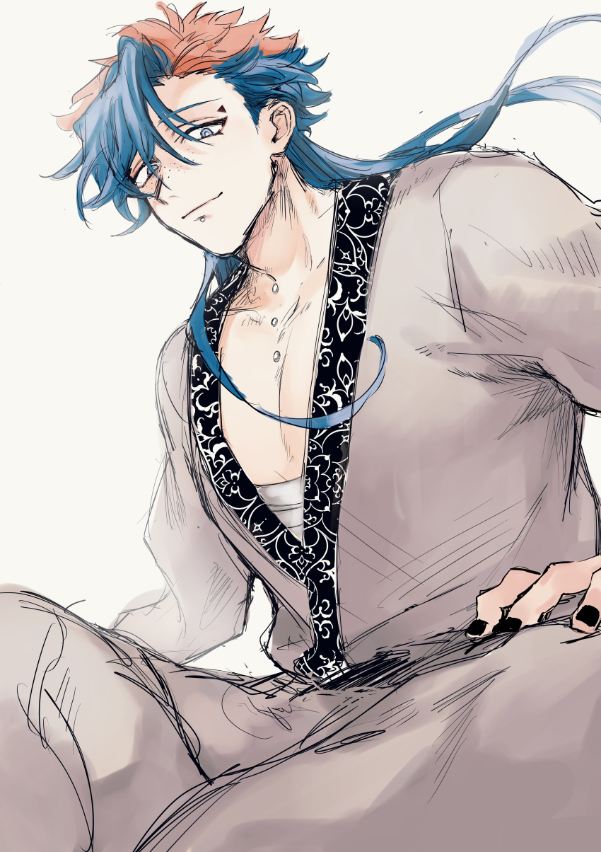 1boy absurdres black_nails blue_hair face_piercing freckles gokuraku_(madan_no_ichi) grey_eyes hand_on_own_leg highres lip_piercing long_hair looking_at_viewer madan_no_ichi male_focus multicolored_hair orange_hair pectorals piercing shirumeika sitting sketch solo two-tone_hair white_background