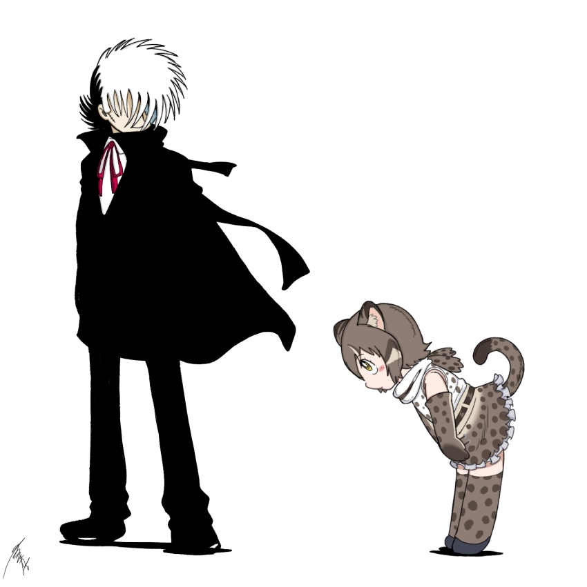 1boy 1girl bare_shoulders black_footwear black_hair black_jack_(character) black_jack_(series) black_jacket black_pants blush_stickers bowing brown_gloves brown_hair brown_skirt brown_thighhighs closed_mouth commentary_request crossover elbow_gloves facial_scar frilled_skirt frills gloves highres iriomote_cat_(kemono_friends) jacket kemono_friends kemono_friends_3 leaning_forward multicolored_hair neck_ribbon osakana_pix pants profile red_ribbon ribbon scar scar_on_cheek scar_on_face shadow shirt shoes simple_background skirt sleeveless sleeveless_shirt standing thighhighs two-tone_hair white_background white_hair white_shirt yellow_eyes