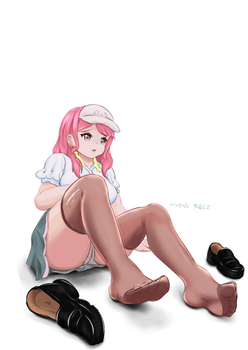 1girl absurdres bang_dream! blush feet highres loafers long_hair maruyama_aya open_mouth panties pantyshot pink_eyes pink_hair see-through_clothes see-through_legwear shoes siliao_ji_(rbmsites) soles thighhighs toes underwear unworn_shoes visor_cap white_background