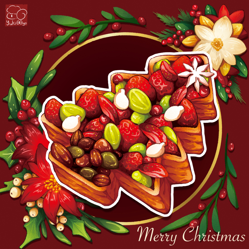 artist_logo christmas flower food food_focus fruit fruitcake highres logo merry_christmas no_humans original strawberry yuki00yo