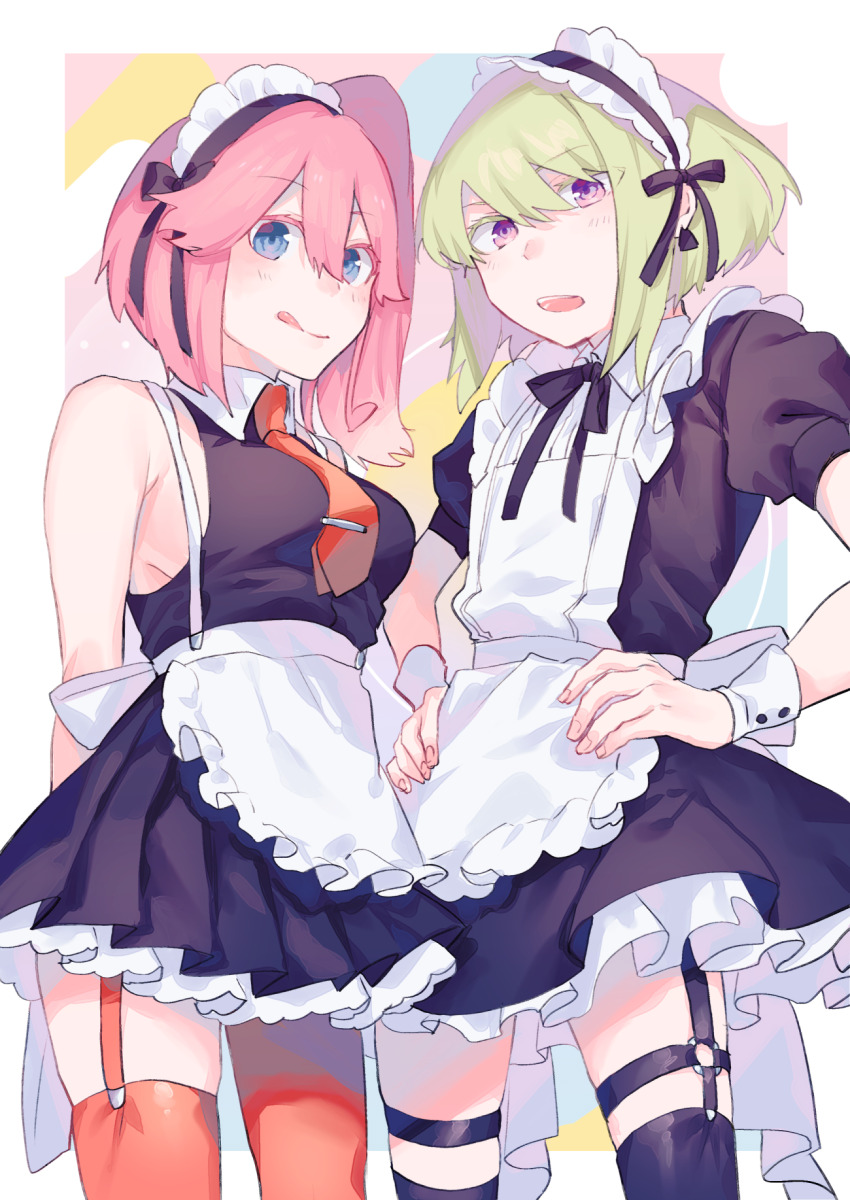 1boy 1girl :q aina_ardebit alternate_costume apron arms_behind_back back_bow black_dress black_thighhighs blue_eyes border bow breasts crossdressing dress from_above garter_straps green_hair hands_on_own_hips highres large_breasts lio_fotia looking_at_viewer maid maid_apron maid_headdress moegi0926 necktie o-ring o-ring_thigh_strap open_mouth pink_hair promare puffy_short_sleeves puffy_sleeves purple_eyes red_necktie red_thighhighs short_hair short_sleeves side_ponytail sleeveless sleeveless_dress thigh_strap thighhighs tongue tongue_out trap white_border white_wrist_cuffs wrist_cuffs zettai_ryouiki